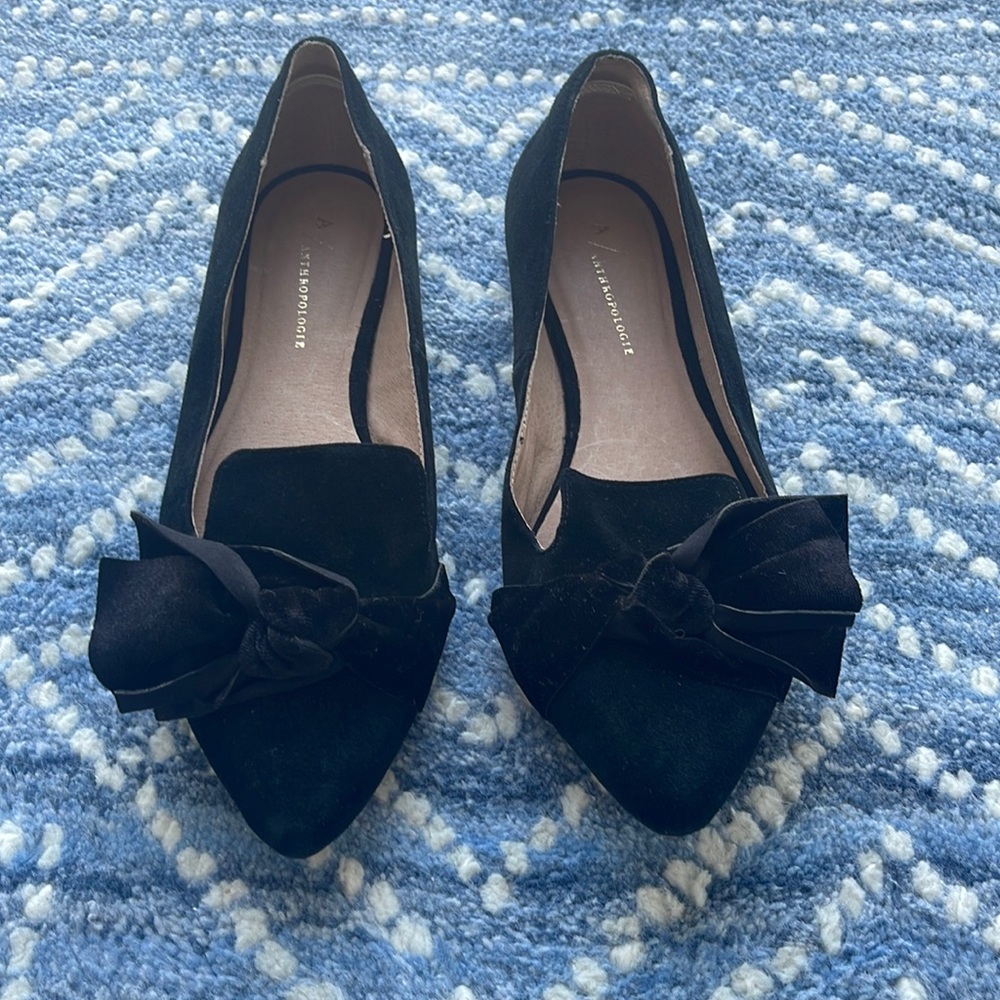 Black Suede w Velvet Bow Anthropologie Flats